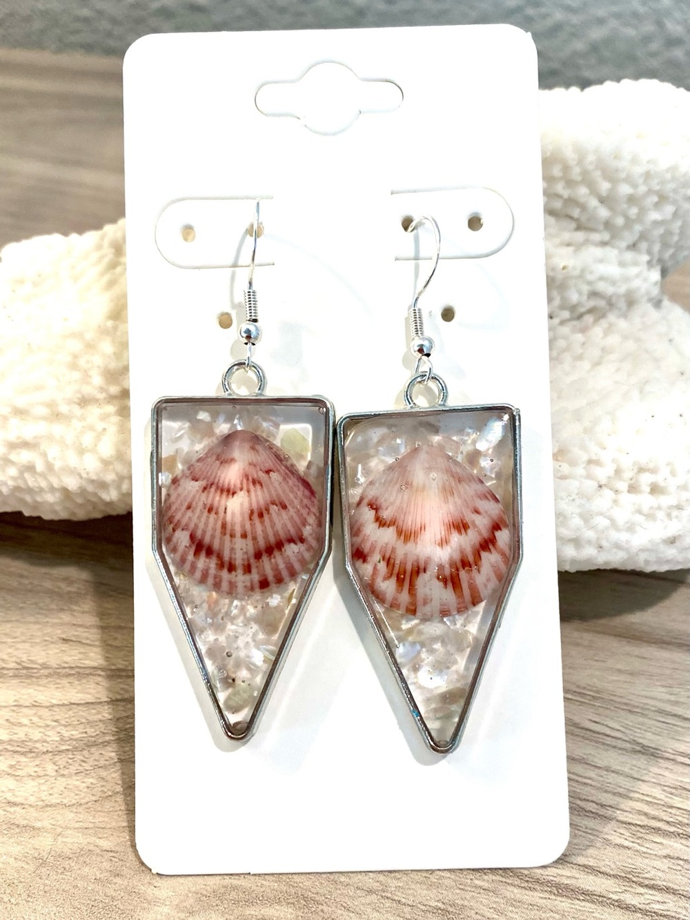 74. Sanibel Calico Scallop Seashell Drop Earrings with crushed shells